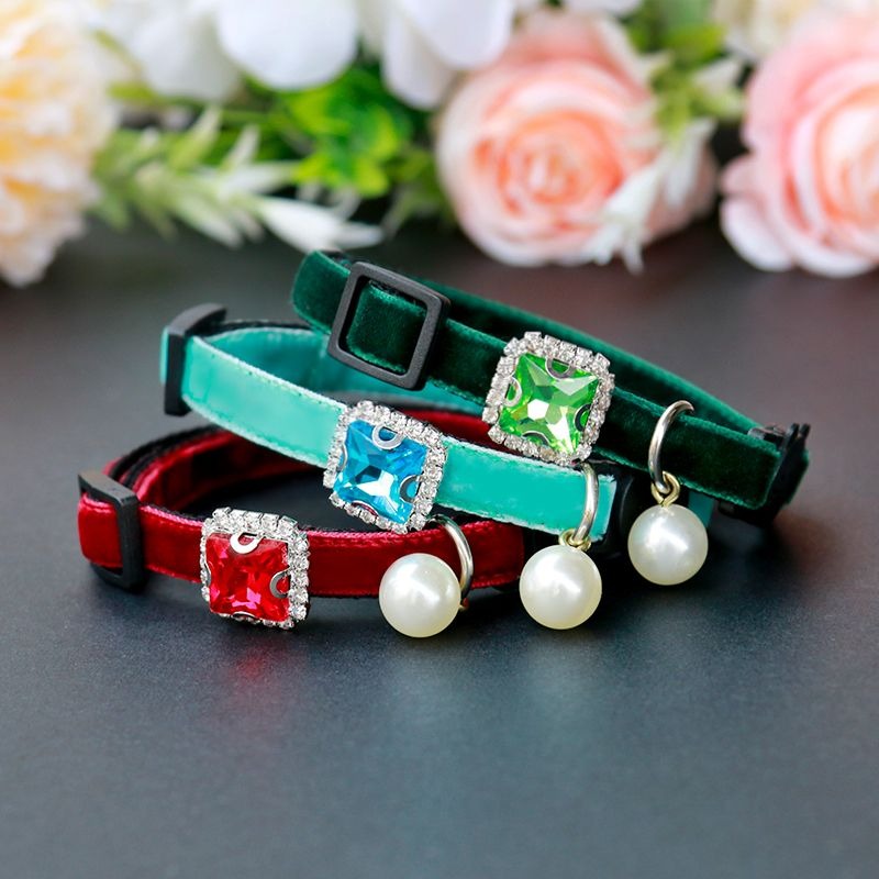 Three colorful pet collars with decorative elements on a dark surface with flowers in the background.