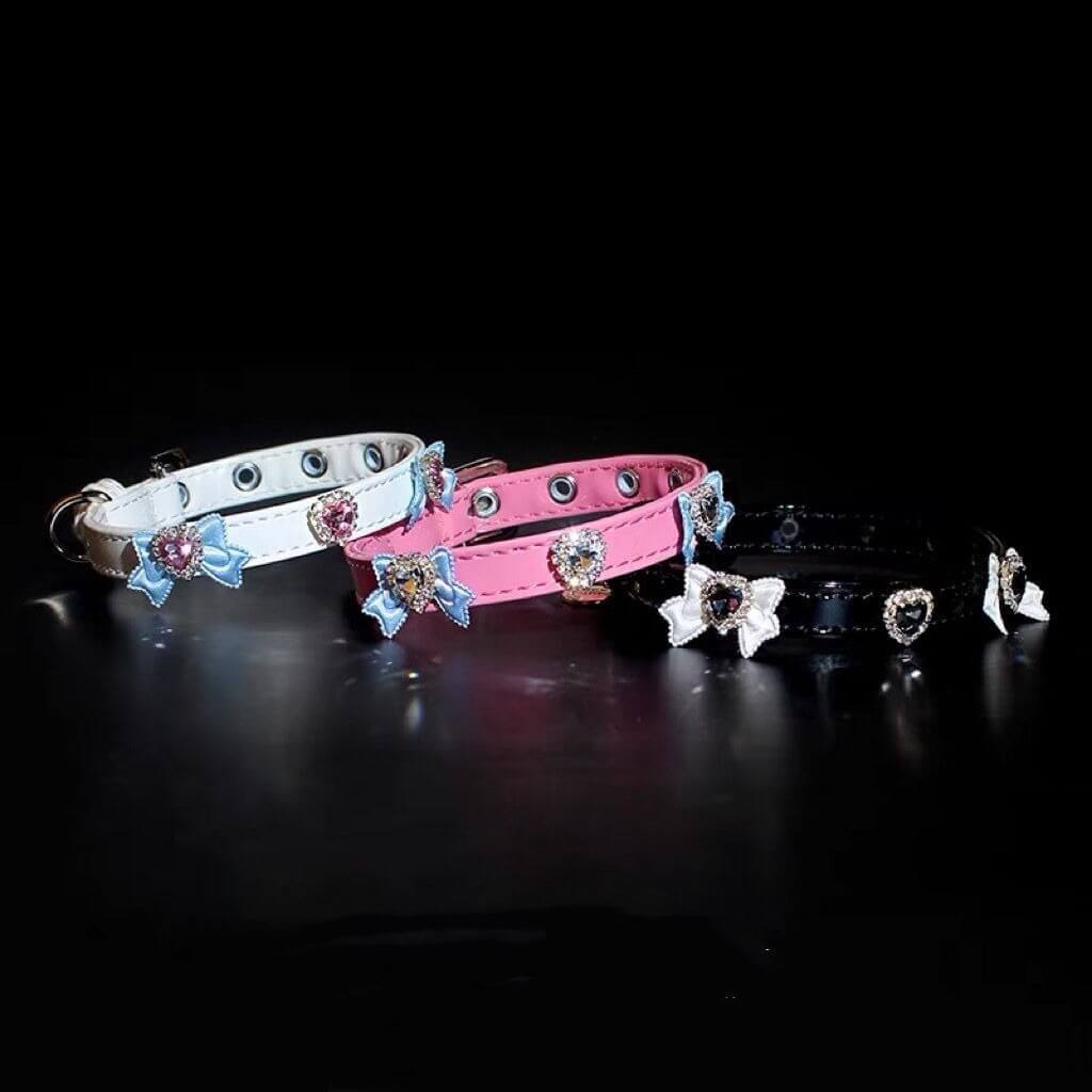 Leather Collar with Bow Heart Charms