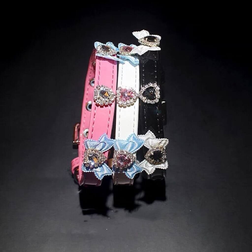 Leather Collar with Bow Heart Charms