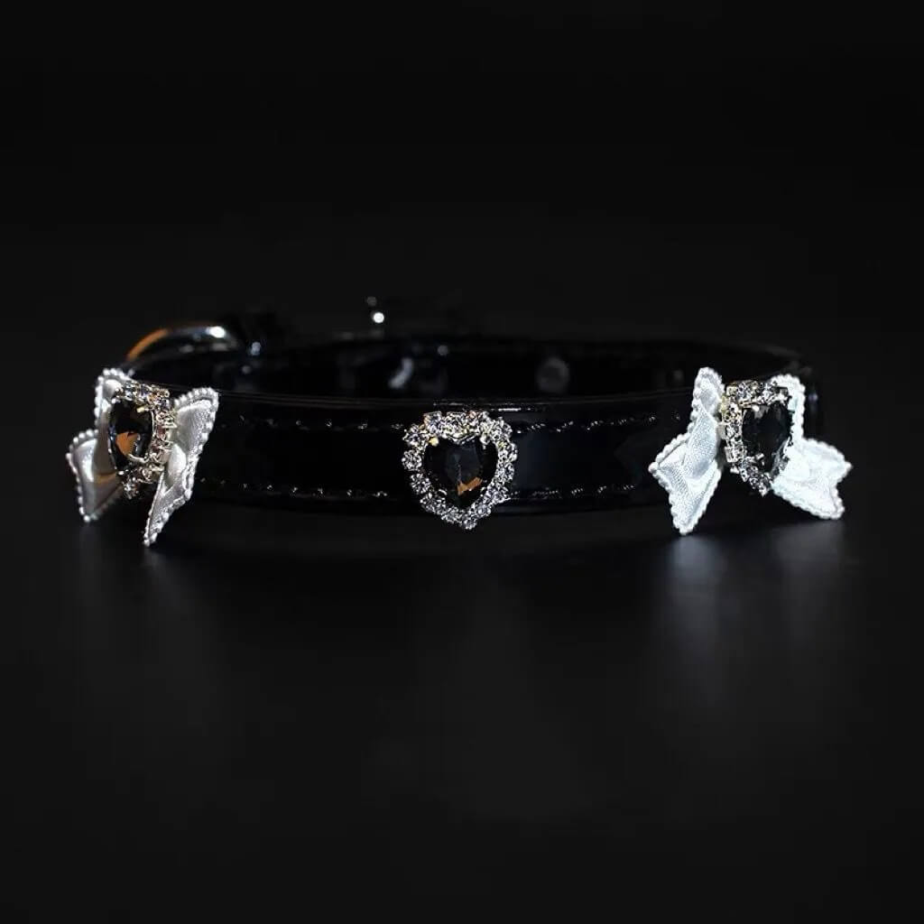 Leather Collar with Bow Heart Charms
